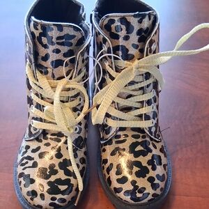 Leopard Print Kids Boots with Yellow Laces